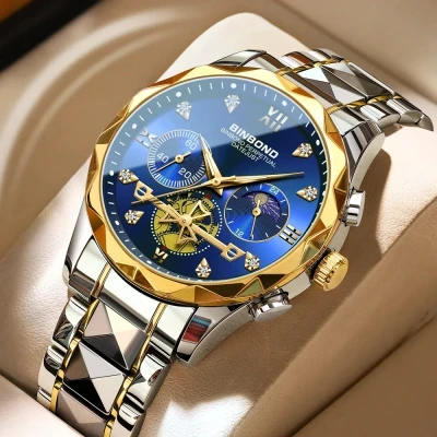 BINBOND B1236 Brand Fashion Tourbillon Dial Quartz Watches Men’s Luxury Stainless Steel + Free Chain cutter